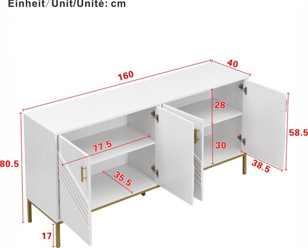 Fortuna Lai Moderní příborník se 4 dvířky – stylový design v bílé a zlaté barvě, korpus z MDF s kovovými nohami, velká kapacita, výškově nastavitelné police – do obývacího pokoje, jídelny a chodby