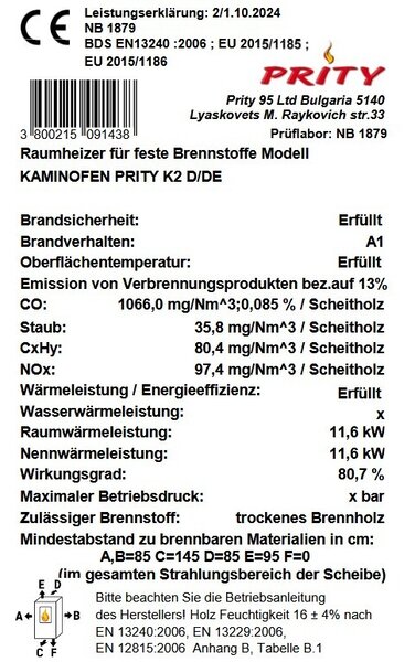 EEK A - Krbová kamna Prity K2 D 11,6 kW - vytápění obytných místností dřevem