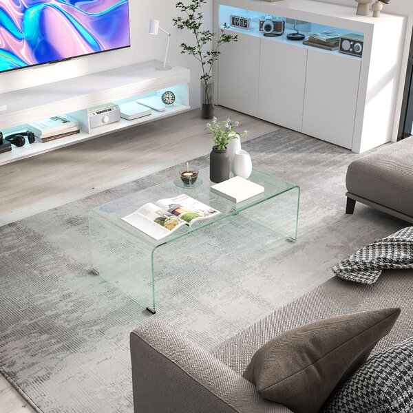 HOMCOM Moderní Monoblokový Kávový Stolek s Protiskluzovými Nohami, Temperované Sklo, 100x50x35 cm, Průhledný | Aosom