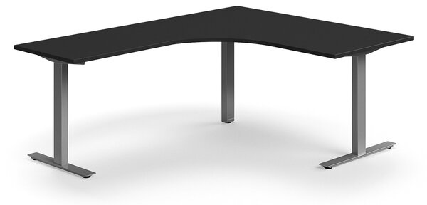 AJ Produkty Rohový psací stůl QBUS, T-nohy, 1600x2000 mm, stříbrná podnož, černá