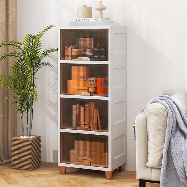 Čtyřpatrové plastové úložné boxy s dvířky, skříň o objemu 150 litrů s výklopnými víky, stohovatelné úložné nádoby a boxy, bílá barva
