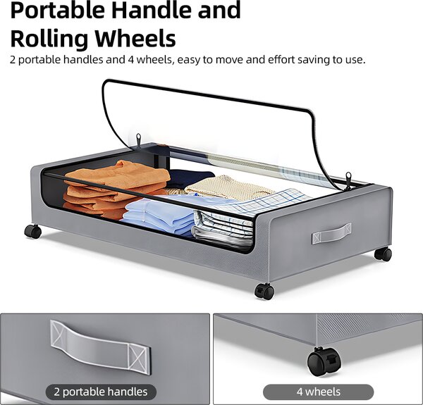 Úložné boxy pod postelí s víkem a kolečky, multifunkční úložné boxy na oblečení v ložnici, dobře viditelné, prachotěsné zásuvky organizéru pod postelí s přenosným madlem