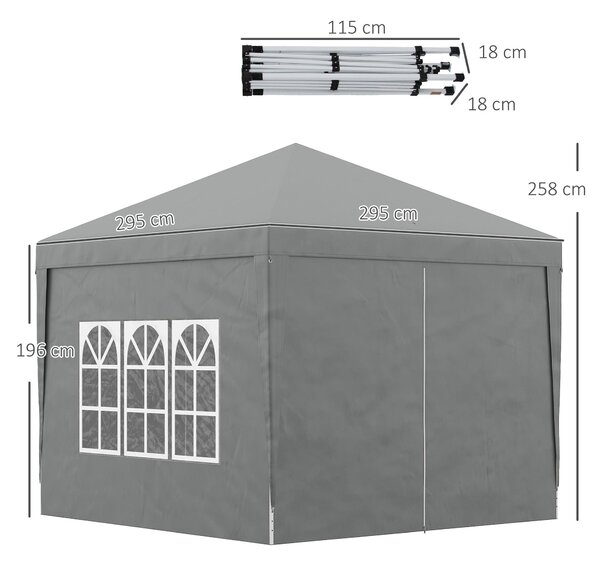 Outsunny Skládací Altán 3x3 s 2 Dveřmi a 2 Okny, 4 Bočními Panely a Taškou, Ocelový a Oxfordský Textil pro Zahradu, Akce, Kempování, Světlá Šedá | Aos