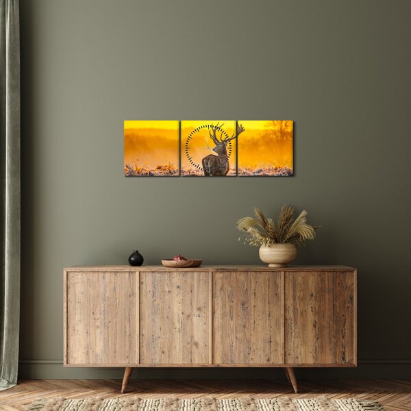 Obraz - Jelen při východu slunce (s hodinami) (90x30 cm)