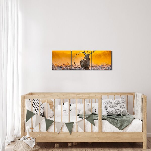 Obraz - Jelen při východu slunce (s hodinami) (90x30 cm)