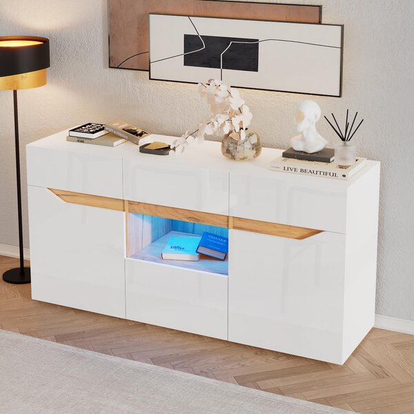 Sweiko 140x40x70cm Obývací pokojová komoda, příborníky se 4 zásuvkami, skříň se dvěma přihrádkami, široká komoda bez úchytek, univerzální použití, lesklá skříňka k pohovce s LED osvětlením, bílá + barva dřeva