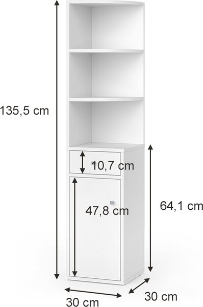Rohová police Vicco Larry Bílá 30 x 135.5 cm s dvířky a zásuvkou, Model 49518