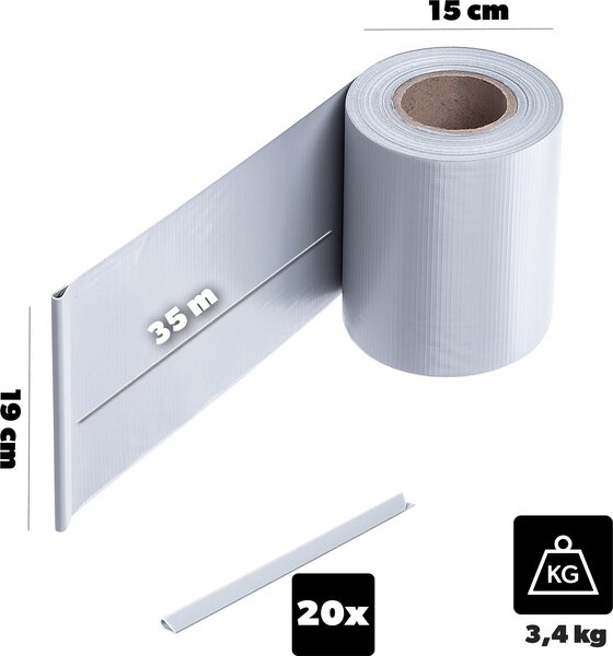 KADAX PVC stínící pásy 35 m x 19 cm, šedé pro dvojitý plot, stínící pásy s 20 upevňovacími klipy, větrná clona, plotová fólie pro plot z pletiva