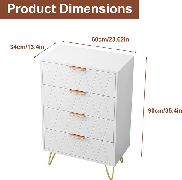 UnboxG Komoda 60x34x90 cm, 4 zásuvky, bílá s kosočtvercovým vzorem, příborník, úložná skříň, nábytek do ložnice a obývacího pokoje
