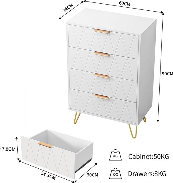 UnboxG Komoda 60x34x90 cm, 4 zásuvky, bílá s kosočtvercovým vzorem, příborník, úložná skříň, nábytek do ložnice a obývacího pokoje
