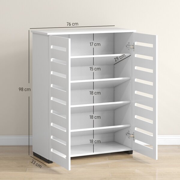 HOMCOM 5-úrovňový botník s 4 nastavitelnými policemi a mřížkovými dveřmi, moderní úsporný organizér na boty z dřeva, 76x33x98 cm, bílý | Aosom