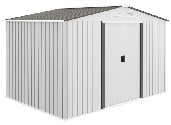 Zahradní domek Outsunny 5 m² se základem, 4 větracími otvory a 2 posuvnými dveřmi, ocelový skladovací domek, 277x195x192 cm, Stříbrný | Aosom