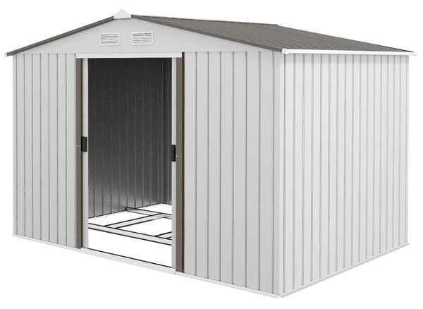 Zahradní domek Outsunny 5 m² se základem, 4 větracími otvory a 2 posuvnými dveřmi, ocelový skladovací domek, 277x195x192 cm, Stříbrný | Aosom