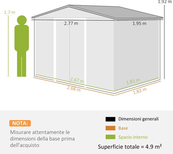 Zahradní domek Outsunny 5 m² se základem, 4 větracími otvory a 2 posuvnými dveřmi, ocelový skladovací domek, 277x195x192 cm, Stříbrný | Aosom