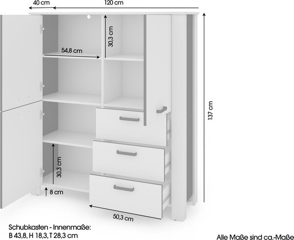 ByLIVING Highboard FARO / Bílá, černá horní deska / Vzhled s cvočky / 3 dvířka a 3 zásuvky / Nastavitelné police / Spousta úložného prostoru / Příborník / Komoda / Rozměry: š 160, v 84, hl 40 cm