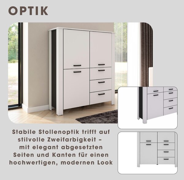 ByLIVING Highboard FARO / Bílá, černá horní deska / Vzhled s cvočky / 3 dvířka a 3 zásuvky / Nastavitelné police / Spousta úložného prostoru / Příborník / Komoda / Rozměry: š 160, v 84, hl 40 cm