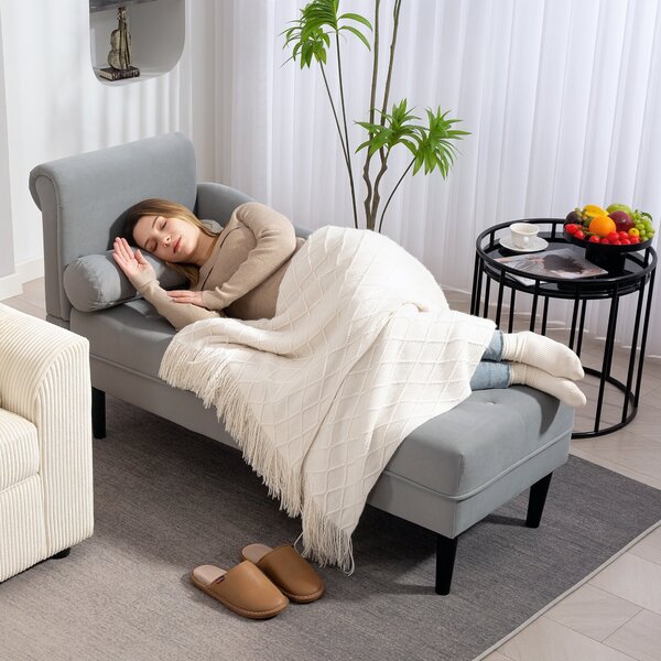 HOMCOM Čalouněný Chaise Longue s Levou Opěrkou a Polštářem ve Velvetu, Čalouněná Pohovka, Chaise Longue Křeslo se Stabilními Dřevěnými Nohami pro Obýv