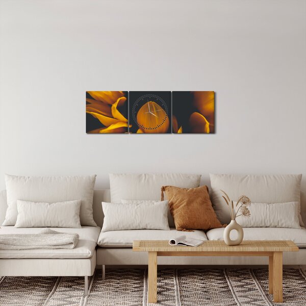 Obraz - Slunečnice v černém pozadí (s hodinami) (90x30 cm)