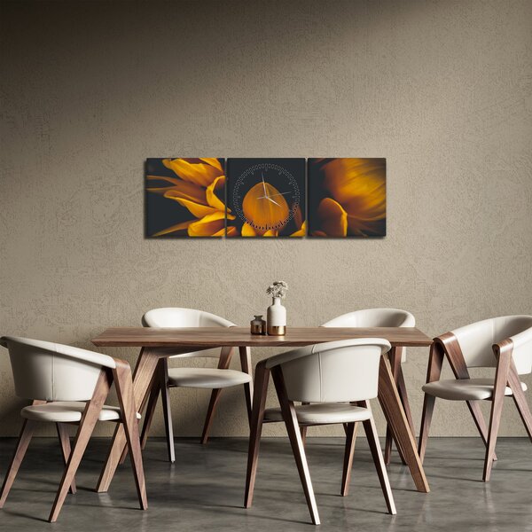 Obraz - Slunečnice v černém pozadí (s hodinami) (90x30 cm)