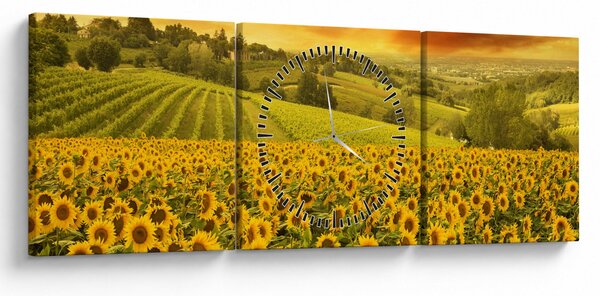 Obraz - Slunečnicové pole (s hodinami) (90x30 cm)