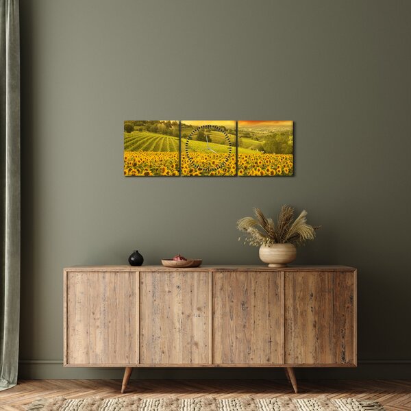 Obraz - Slunečnicové pole (s hodinami) (90x30 cm)
