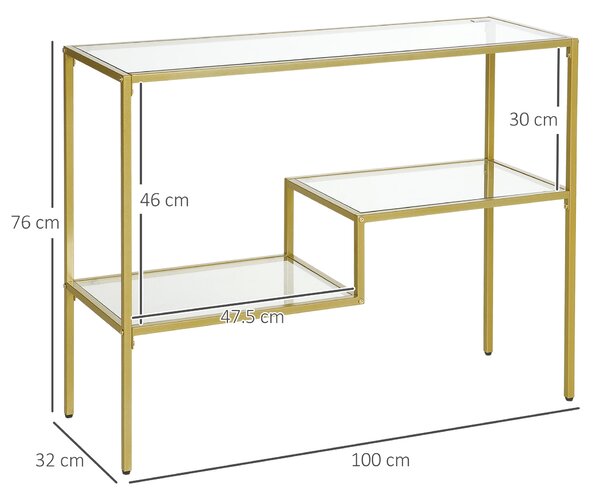 HOMCOM 3 policový vstupní konzolový stůl z oceli a tvrzeného skla, 100x32x76 cm, Zlatý | Aosom