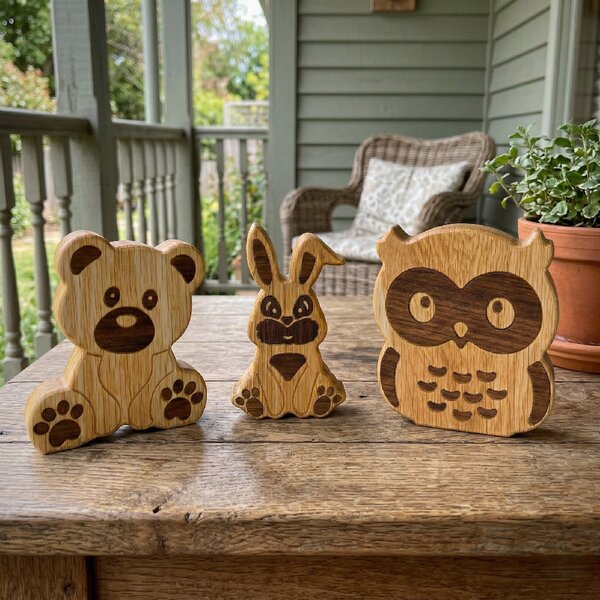 Wooden Mooden Dřevěná zvířátka: Zajíc, medvěd, sova z dubu a amerického ořechu Zvířátko: Zajíc