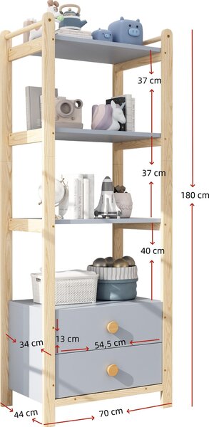 Flieks stojící policový rohový regál se 2 zásuvkami, úložný regál do koupelny, 4 úrovně, úzký dřevěný regál, 70x44x180,5 cm, modrá přírodní barva