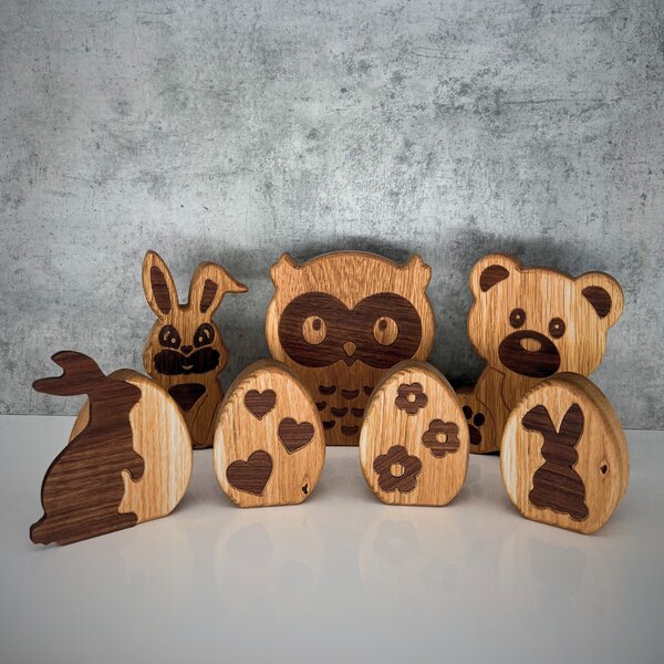 Wooden Mooden Dřevěná zvířátka: Zajíc, medvěd, sova z dubu a amerického ořechu Zvířátko: Zajíc