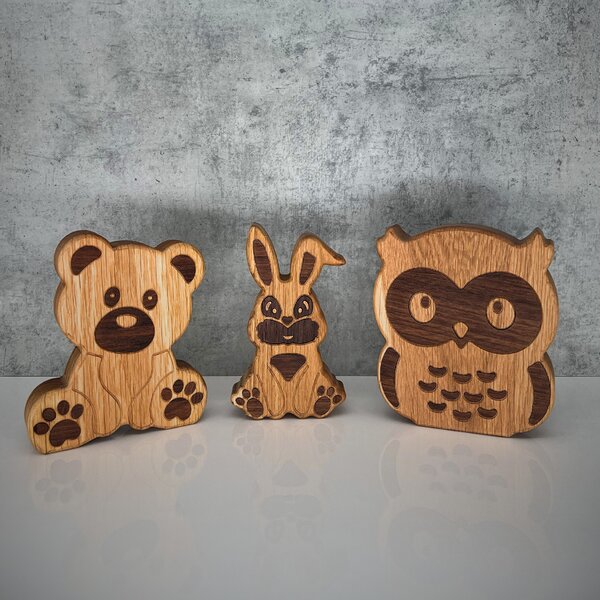 Wooden Mooden Dřevěná zvířátka: Zajíc, medvěd, sova z dubu a amerického ořechu Zvířátko: Zajíc