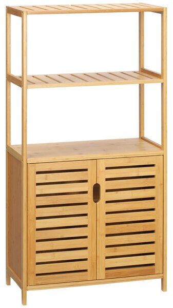 Kleankin koupelnová skříňka se 2 otevřenými policemi a skříňkou se 2 dvířky, úsporná bambusová skříňka 60x30x120 cm, přírodní | Aosom