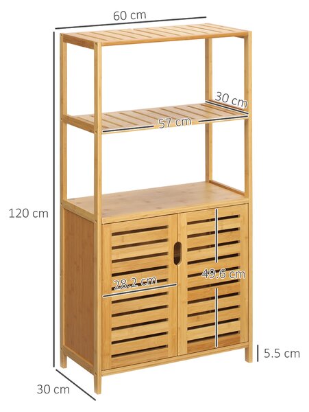 Kleankin koupelnová skříňka se 2 otevřenými policemi a skříňkou se 2 dvířky, úsporná bambusová skříňka 60x30x120 cm, přírodní | Aosom