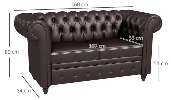 HOMCOM 2místná pohovka ve stylu Chesterfield z umělé kůže, prošívané křeslo s opěrkami a silným polstrováním, pohovka s nohama z gumového dřeva pro ob