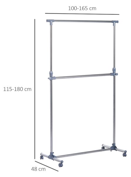 HOMCOM Nastavitelný stojan na kabáty, výška a šířka, 4 otočná kolečka, nerezová ocel a ABS, 165x48x180cm | Aosom