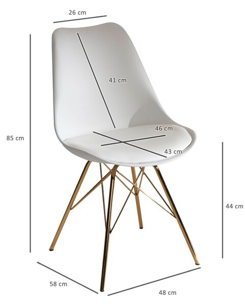 Sada 2 bílých plastových kuchyňských židlí se zlatými nohami, skandinávský design, čalouněné židle z umělé kůže
