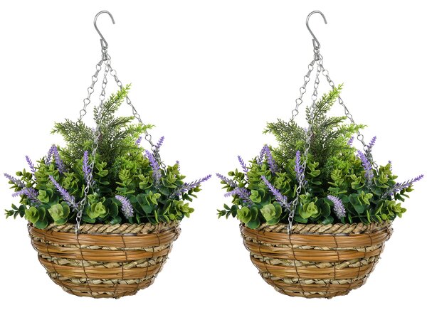 Outsunny Sada 2 Umělých Levandulových Rostlin s Květináčem a Hákem, PE a Proutí umělé rostliny, Ø25x34 cm, Zelené a Fialové | Aosom