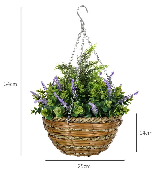 Outsunny Sada 2 Umělých Levandulových Rostlin s Květináčem a Hákem, PE a Proutí umělé rostliny, Ø25x34 cm, Zelené a Fialové | Aosom