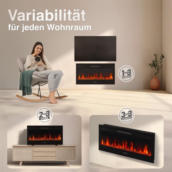 Elektrický krb KAMINIO MARLON - Elektrický krb 3 v 1 s vytápěním, 3D efektem plamene, 12 barev plamene, dálkové ovládání - 36 palců
