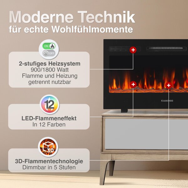 Elektrický krb KAMINIO MARLON - Elektrický krb 3 v 1 s vytápěním, 3D efektem plamene, 12 barev plamene, dálkové ovládání - 36 palců