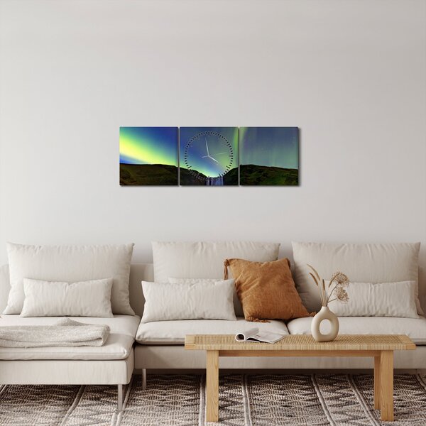 Obraz - Polární záře na Islandu (s hodinami) (90x30 cm)