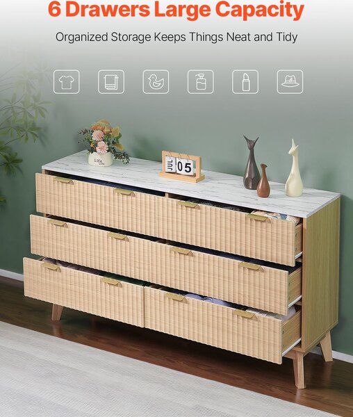 SucceBuy komoda se 6 zásuvkami a ochranou proti překlopení, moderní minimalistická skříňka (399 x 1372 x 813 mm) do obývacího pokoje, ložnice a předsíně (světlé dřevo)
