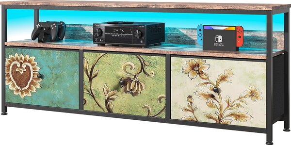 Multifunkční nábytek komoda， TV komoda v barevné paletě tygří kůže s barevnými látkovými zásuvkami, LED osvětlením, úložným toaletním stolkem a úložnou kuchyňskou skříňkou