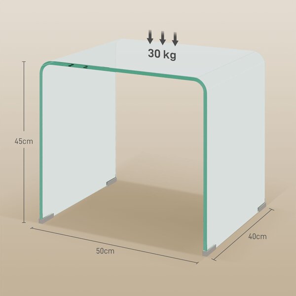 HOMCOM Moderní skleněný konferenční stolek s monoblok designem a protiskluzovými nohami, tvrzené sklo, 50x40x45 cm, průhledný | Aosom