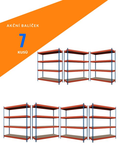 Akční balíček - 7ks Kovový průmyslový regál 180x120x60cm, lakovaný - modro/oranžový, 4-policový, nosnost 1200kg SMARTREGALY