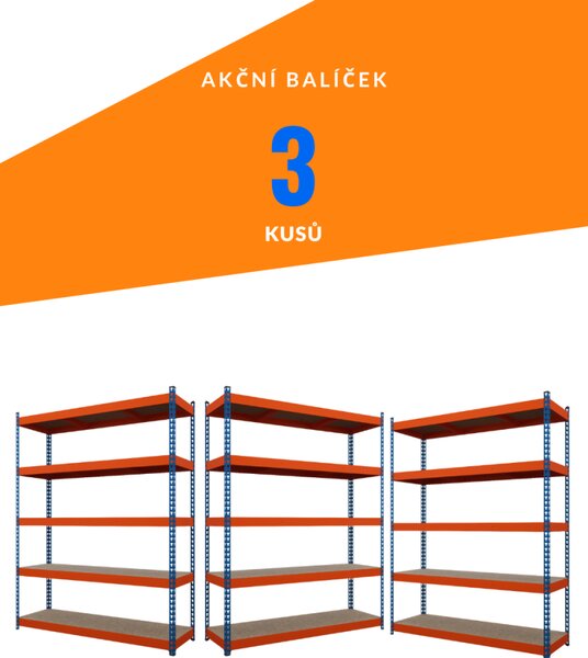 Akční balíček - 3ks Kovový průmyslový regál 216x140x60cm, lakovaný - modro/oranžový, 5-policový, nosnost 1500kg SMARTREGALY