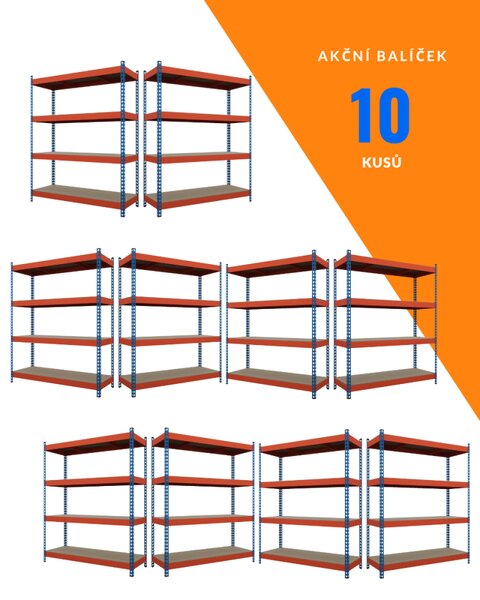 Akční balíček - 10ks Kovový průmyslový regál 180x120x60cm, lakovaný - modro/oranžový, 4-policový, nosnost 1200kg SMARTREGALY