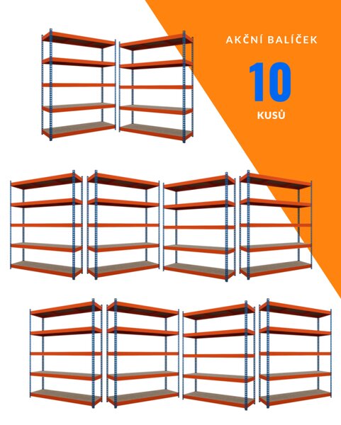 SMARTREGALY Akční balíček - 10ks Kovový průmyslový regál 216x140x60cm, lakovaný - modro/oranžový, 5-policový, nosnost 1500kg