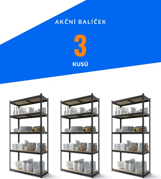 Akční balíček - 3x Kovový regál 180x90x40cm, lakovaný - černý, 5-policový, nosnost 875kg SMARTREGALY