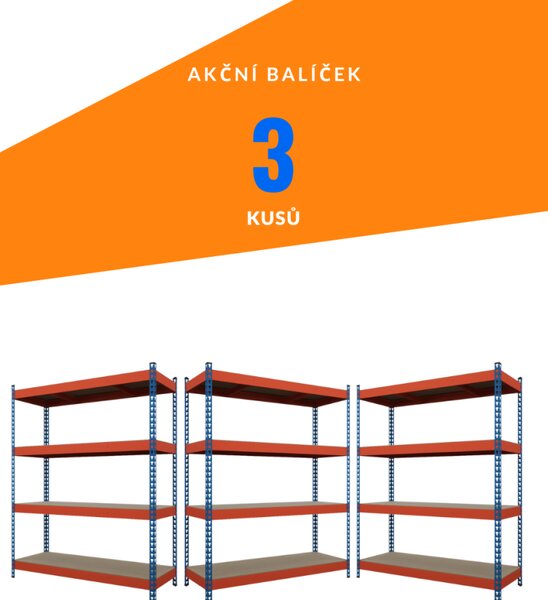 Akční balíček - 3ks Kovový průmyslový regál 180x120x60cm, lakovaný - modro/oranžový, 4-policový, nosnost 1200kg SMARTREGALY