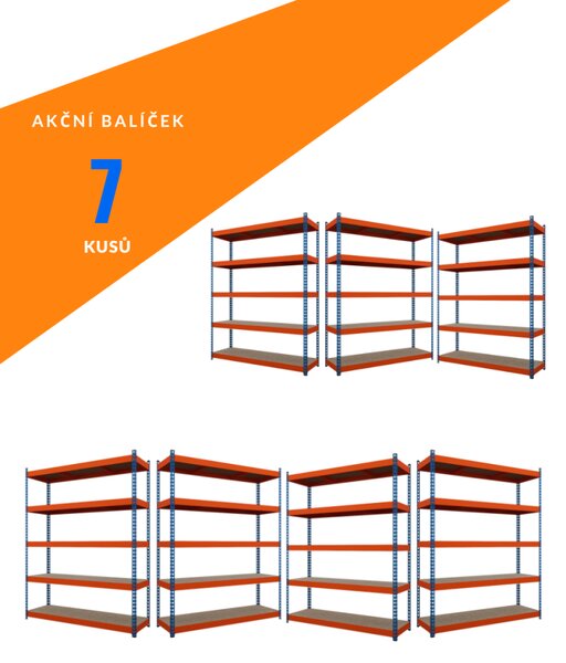 SMARTREGALY Akční balíček - 7ks Kovový průmyslový regál 216x140x60cm, lakovaný - modro/oranžový, 5-policový, nosnost 1500kg